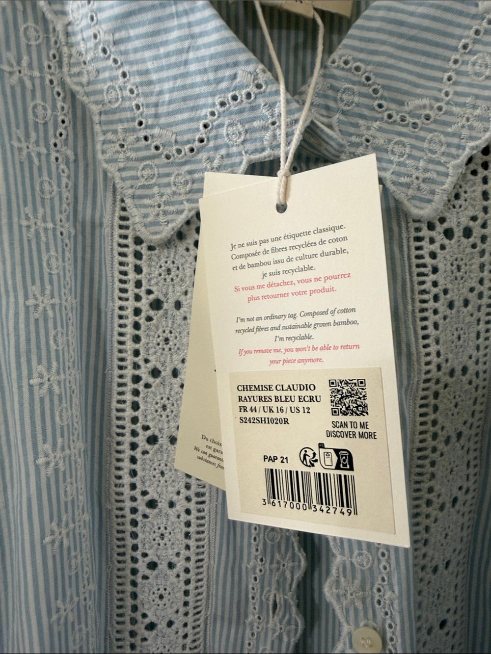 Sezane Claudio Light Blue & White Pinstripe Lace-Trim and inset Blouse NWT - Picture 5 of 11